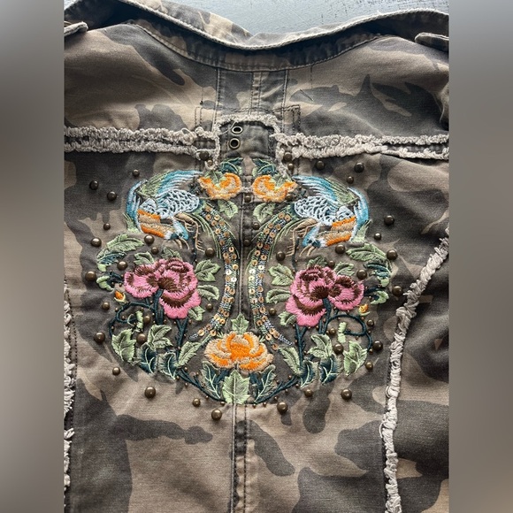 Miss Me S Army Cotton Jacket Green Floral Embroidered Pockets Zip Detail - Picture 6 of 11